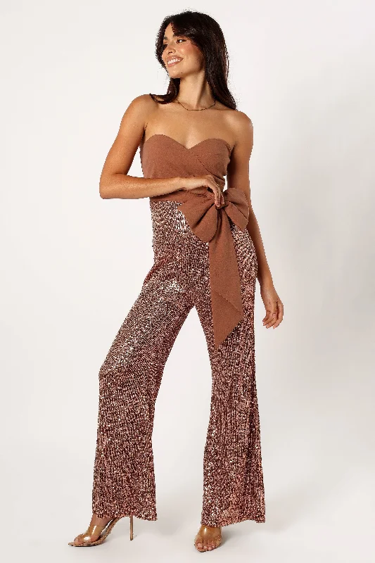 Jacquelin Bow Waist Sequin Jumpsuit - Tan