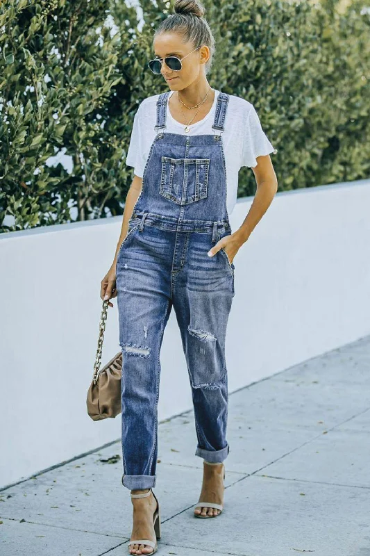 Pocketed Distressed Denim Overalls LALA D&C