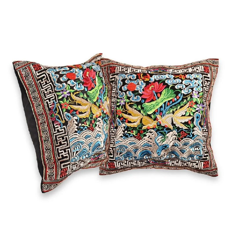 Handmade Goldfish in a Lotus Pond Embroidered Floral Throw Pillow Cover Set (Thailand)