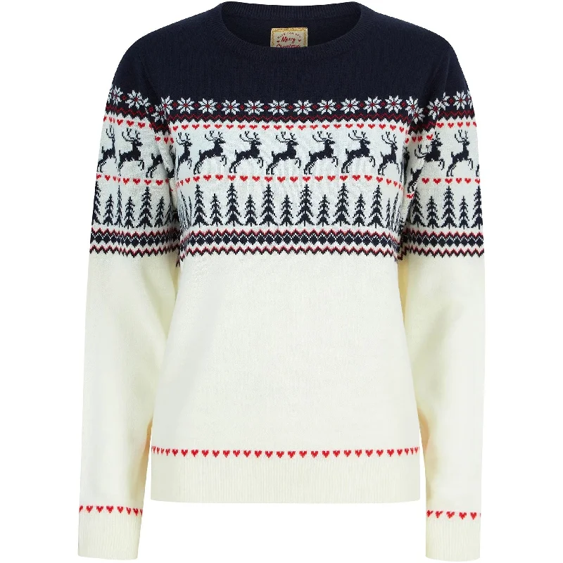 Big Discounts Christmas Reindeer Heart Nordic Fairisle Womens Jumper - Cream