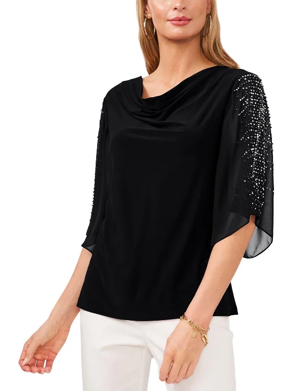 Petites Womens Embellished Cowl Neck Pullover Top