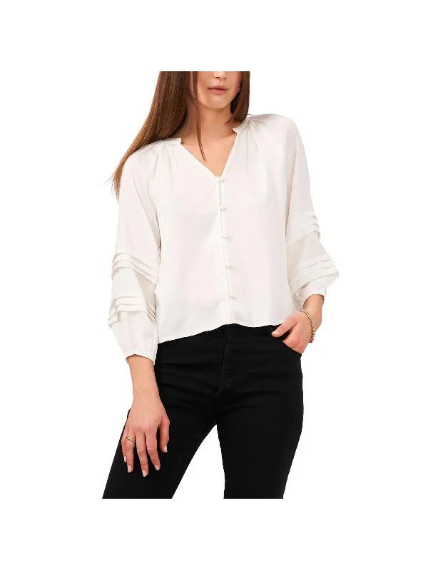 Womens Satin Shutter Pleat Button-Down Top