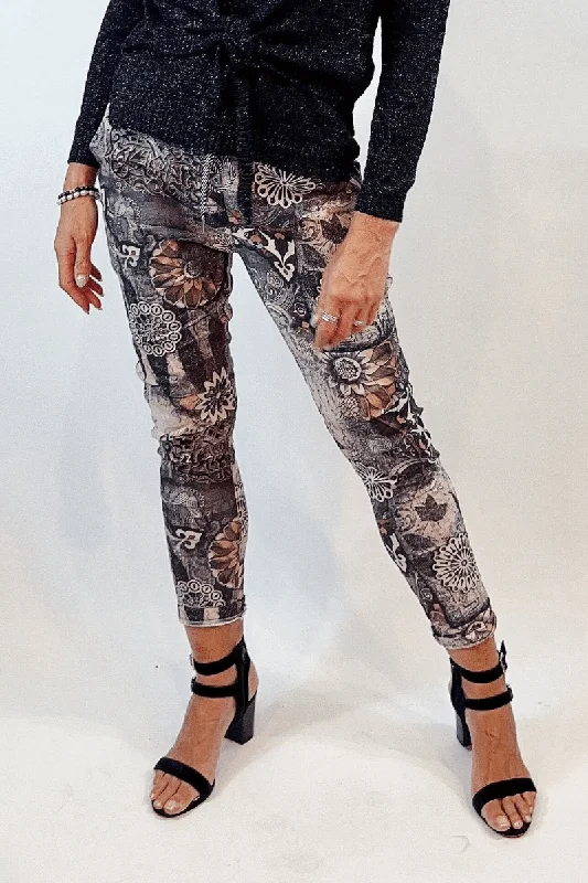 Clearance Sale La Strada Multi Print Charcoal Jogger Pant
