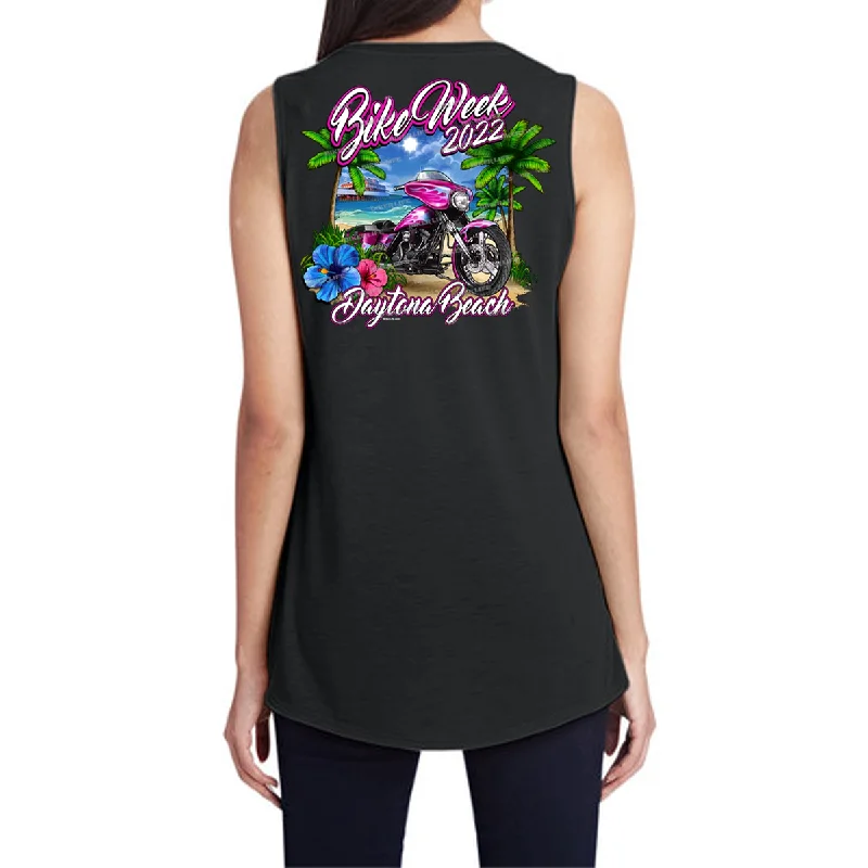 Ladies 2022 Bike Week Daytona Beach Pink Bike Hi-Lo Tank Top