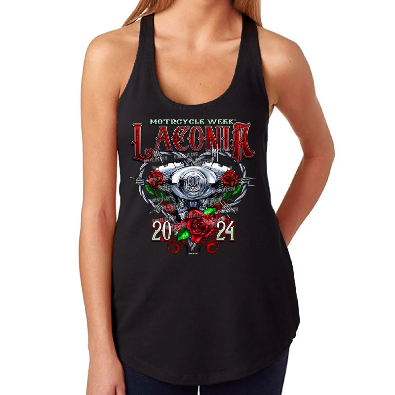 Ladies Jr. Cut 2024 Laconia Motorcycle Week Heart Engine Racerback Tank Top