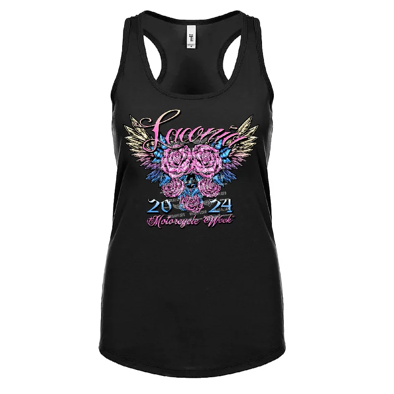 Ladies Jr. Cut 2024 Laconia Motorcycle Week Rose Blossom Wings Racerback Tank Top