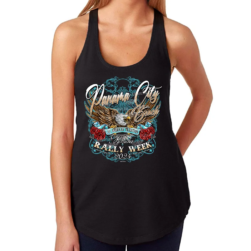 Ladies Jr. Cut 2024 Panama City Beach Rally Week Freedom Eagle Rose Racerback Tank Top