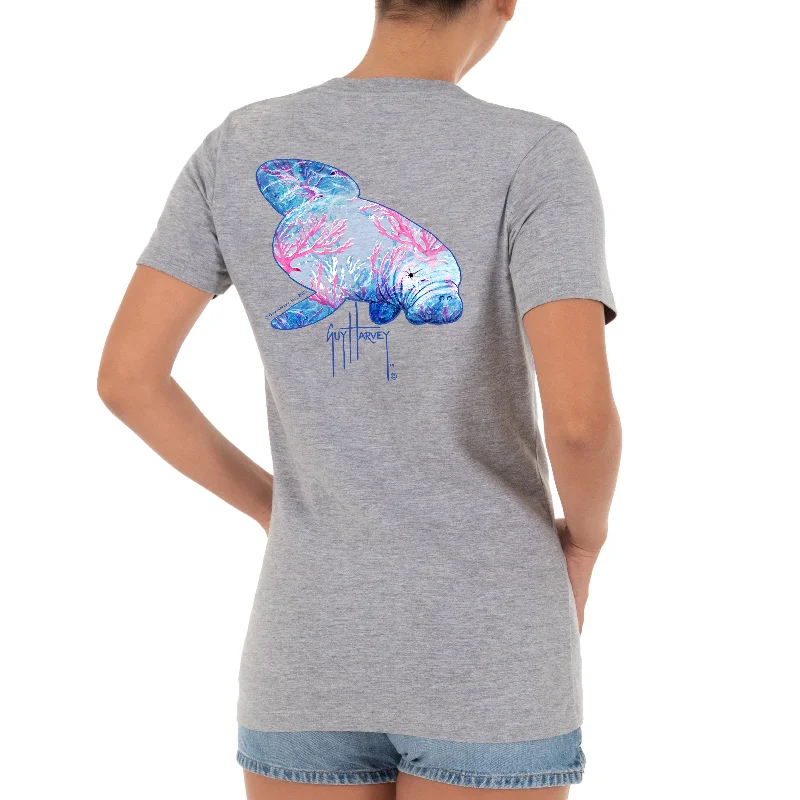 Ladies Manatee Coral Short Sleeve V-Neck T-Shirt