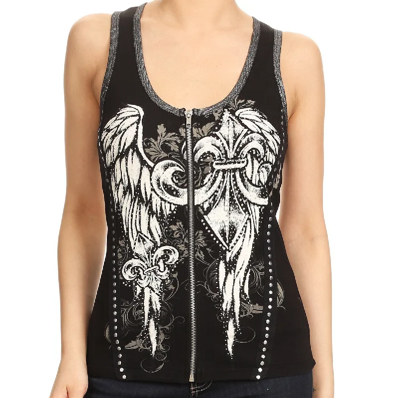 Ladies Rhinestone Fleur de Lis Zip Up Tank Top