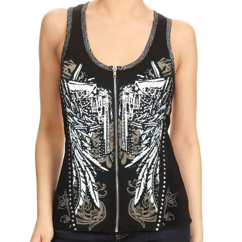 Ladies Rhinestone Guns Zip Up Tank Top