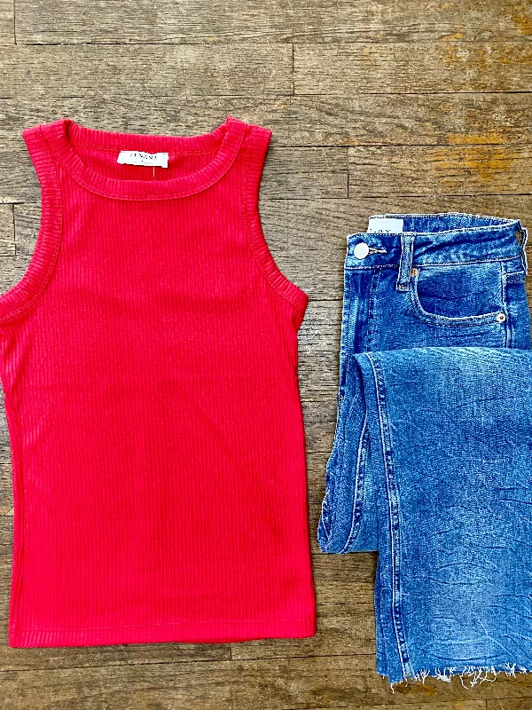 Ribbed Scoop Neck Tank - Red