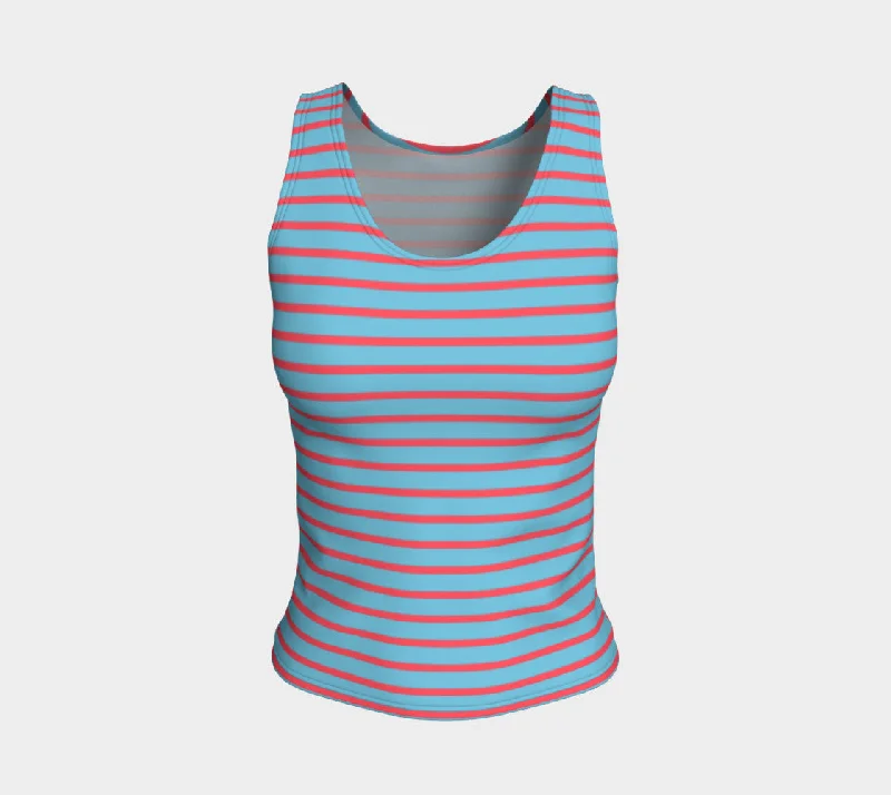 Striped Fitted Tank Top - Darker Coral on Light Blue