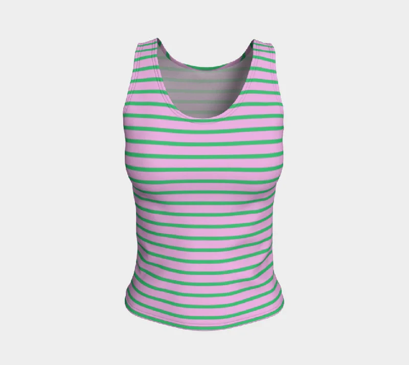 Striped Fitted Tank Top - Green on Light Pink