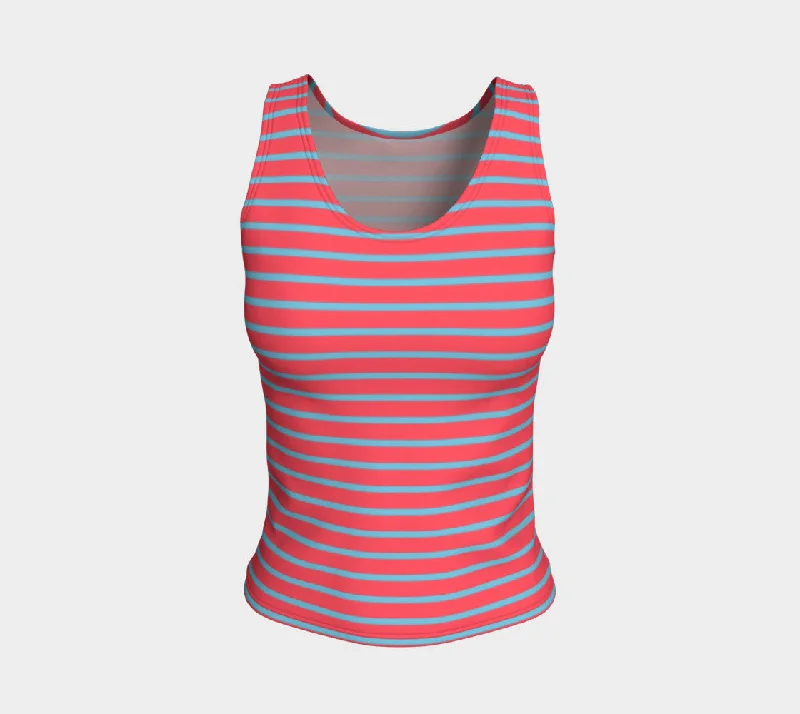 Striped Fitted Tank Top - Light Blue on Darker Coral