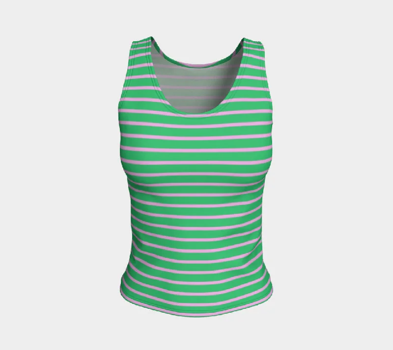 Striped Fitted Tank Top - Light Pink on Green