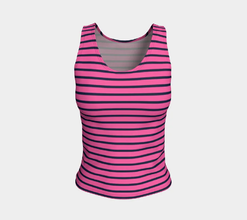 Striped Fitted Tank Top - Navy on Pink