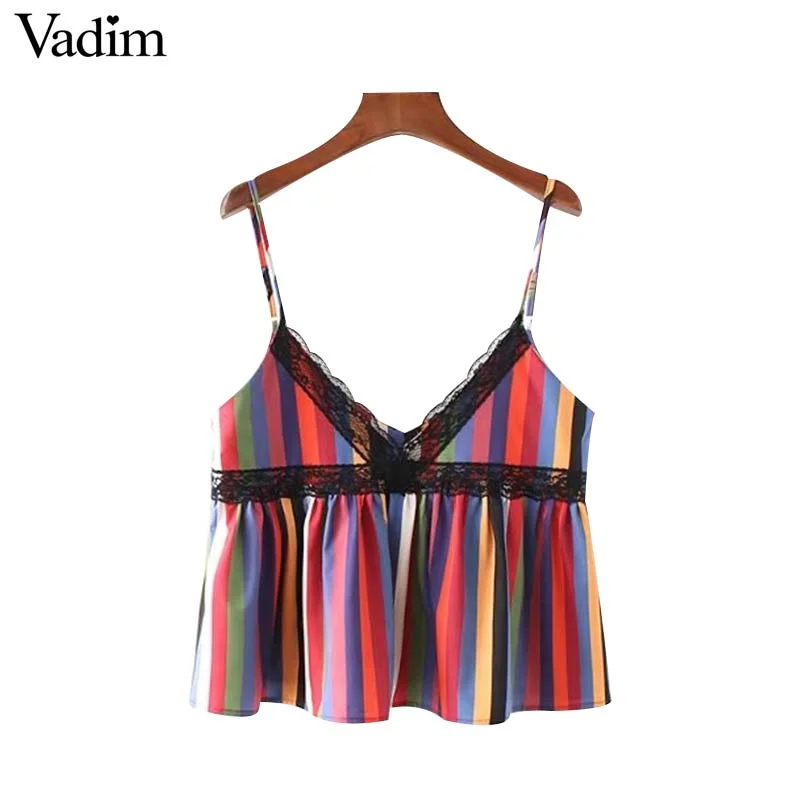 Vadim sexy lace patchwork color striped crop tops V neck