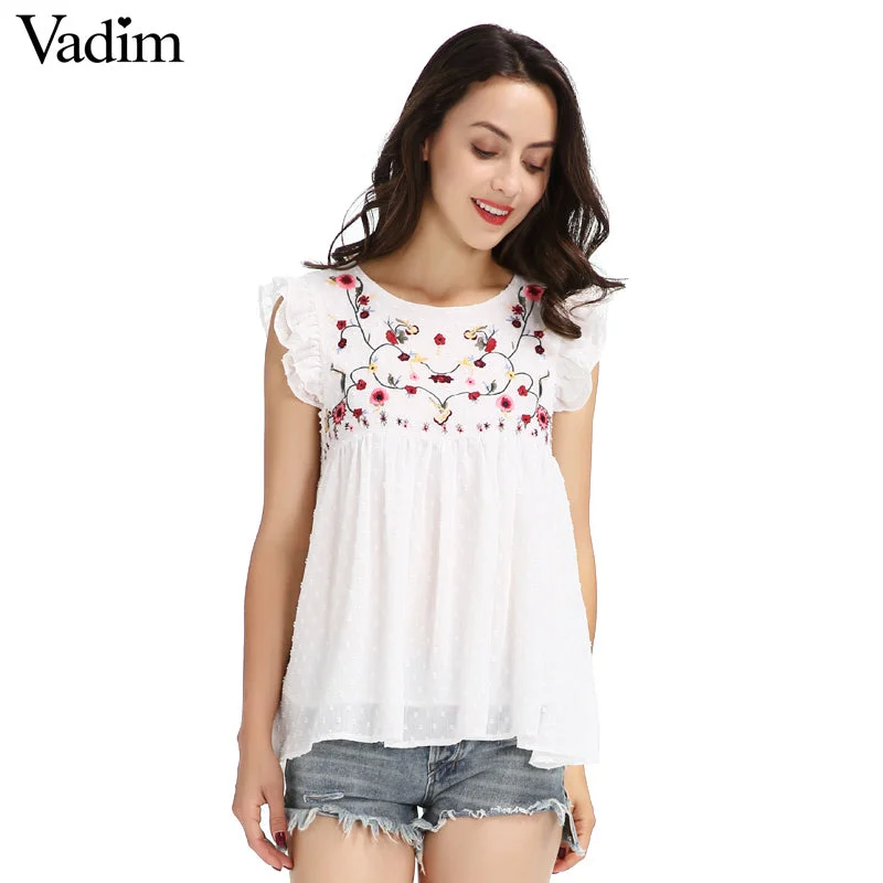 Vadim sweet floral embroidery pleated ruffled shirt