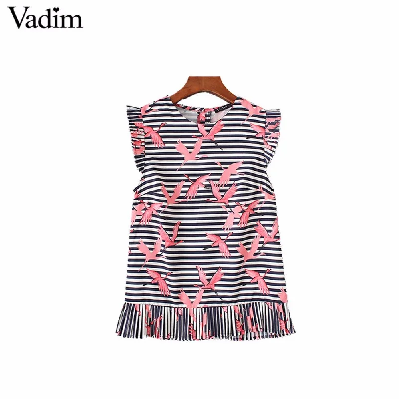 Vadim women sweet ruffles crane print striped shirts