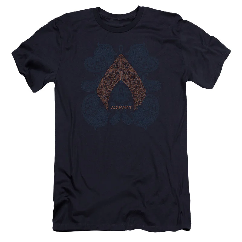 Closeout Aquaman Movie Premium Canvas T-Shirt Paisley Logo Navy Tee