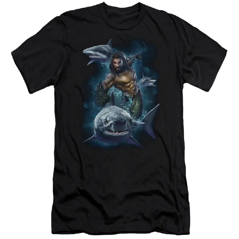 Reduced Prices Aquaman Movie Premium Canvas T-Shirt Swimming with Sharks Black Tee