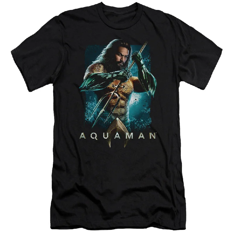 Mega Sale Aquaman Movie Slim Fit T-Shirt Posing with Trident Black Tee