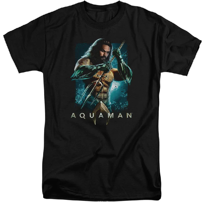 Deal of the Day Aquaman Movie Tall T-Shirt Posing with Trident Black Tee
