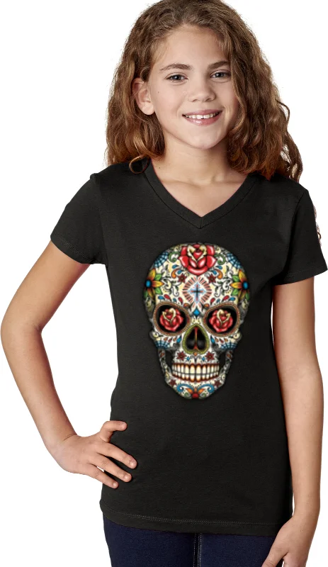 Amazing Deals Girls Halloween T-shirt Sugar Skull with Roses V-Neck