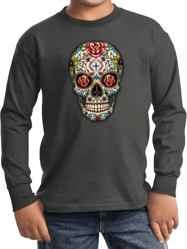 Bonus Savings Kids Halloween T-shirt Sugar Skull with Roses Youth Long Sleeve