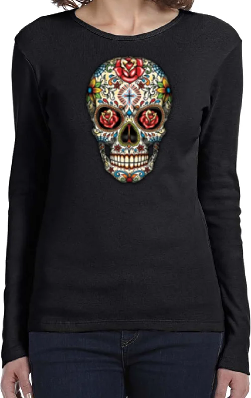 Can't Miss Ladies Halloween T-shirt Sugar Skull with Roses Long Sleeve