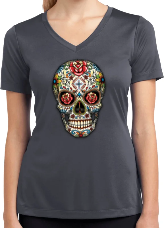 Act Fast Ladies Halloween T-shirt Sugar Skull with Roses Moisture Wicking V-Neck