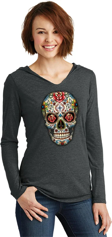 Crazy Deals Ladies Halloween T-shirt Sugar Skull with Roses Tri Blend Hoodie