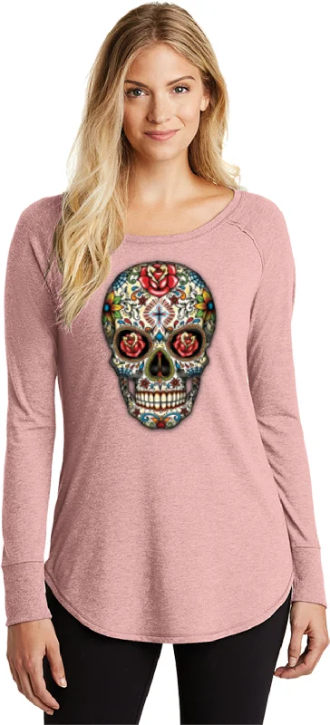 Closeout Ladies Halloween T-shirt Sugar Skull with Roses Tri Blend Long Sleeve