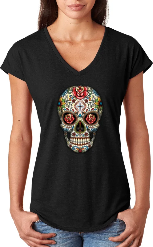 Deep Discounts Ladies Halloween T-shirt Sugar Skull with Roses Triblend V-Neck