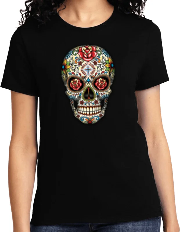 Savings Alert Ladies Halloween T-shirt Sugar Skull with Roses