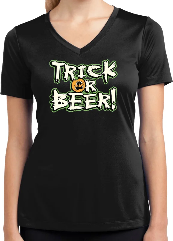Hurry In Ladies Halloween T-shirt Trick or Beer Moisture Wicking V-Neck