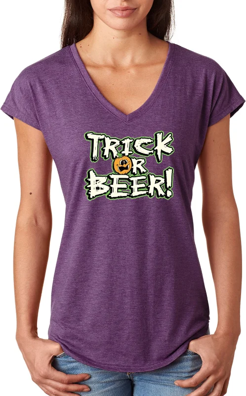 Markdowns Ladies Halloween T-shirt Trick or Beer Triblend V-Neck