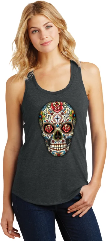 Daily Deals Ladies Halloween Tank Top Sugar Skull with Roses Racerback