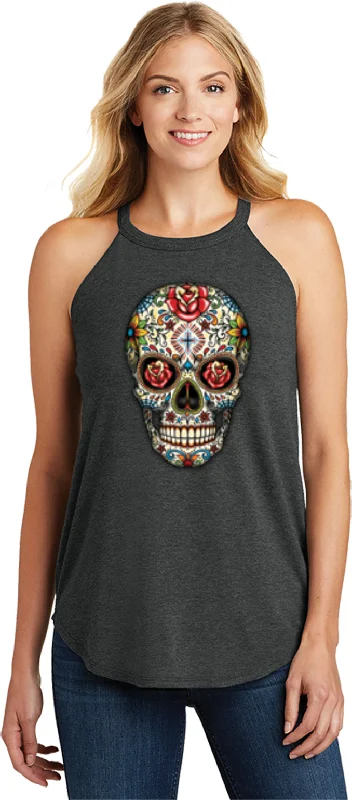 Deal Dash Ladies Halloween Tank Top Sugar Skull with Roses Tri Rocker Tanktop