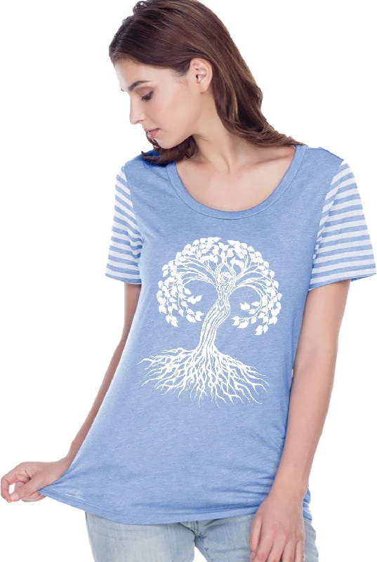 Price Reduction White Celtic Tree Striped Multi-Contrast Yoga Tee Shirt